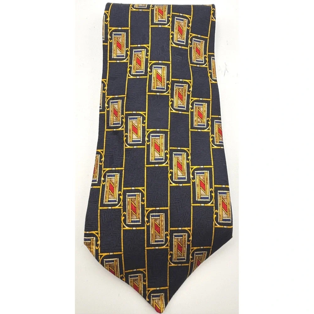 Oscar de la Renta 100% Silk Men's Necktie Navy Blue Gold Red Geometric Vintage